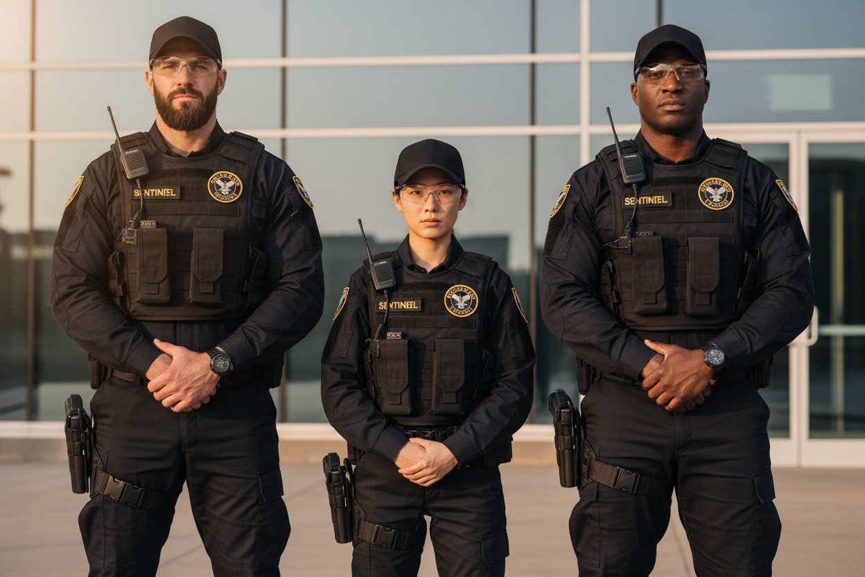 Three diverse security personnel in dark uniforms stand at attention outside a modern glass building.
